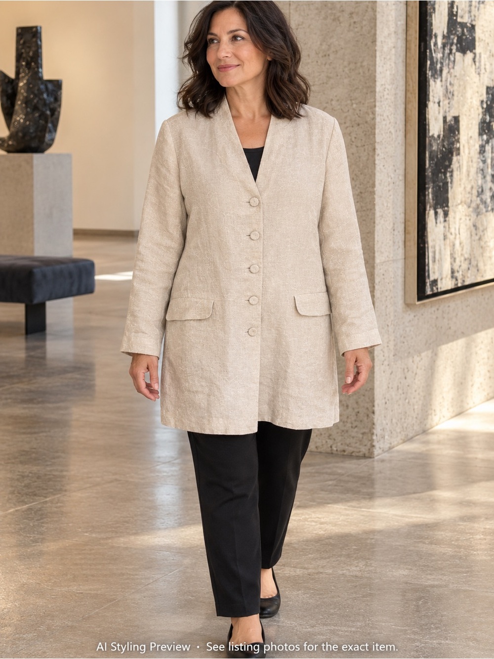 Eileen Fisher Petites 100% Linen Textured Long Blazer Jacket Beige Large